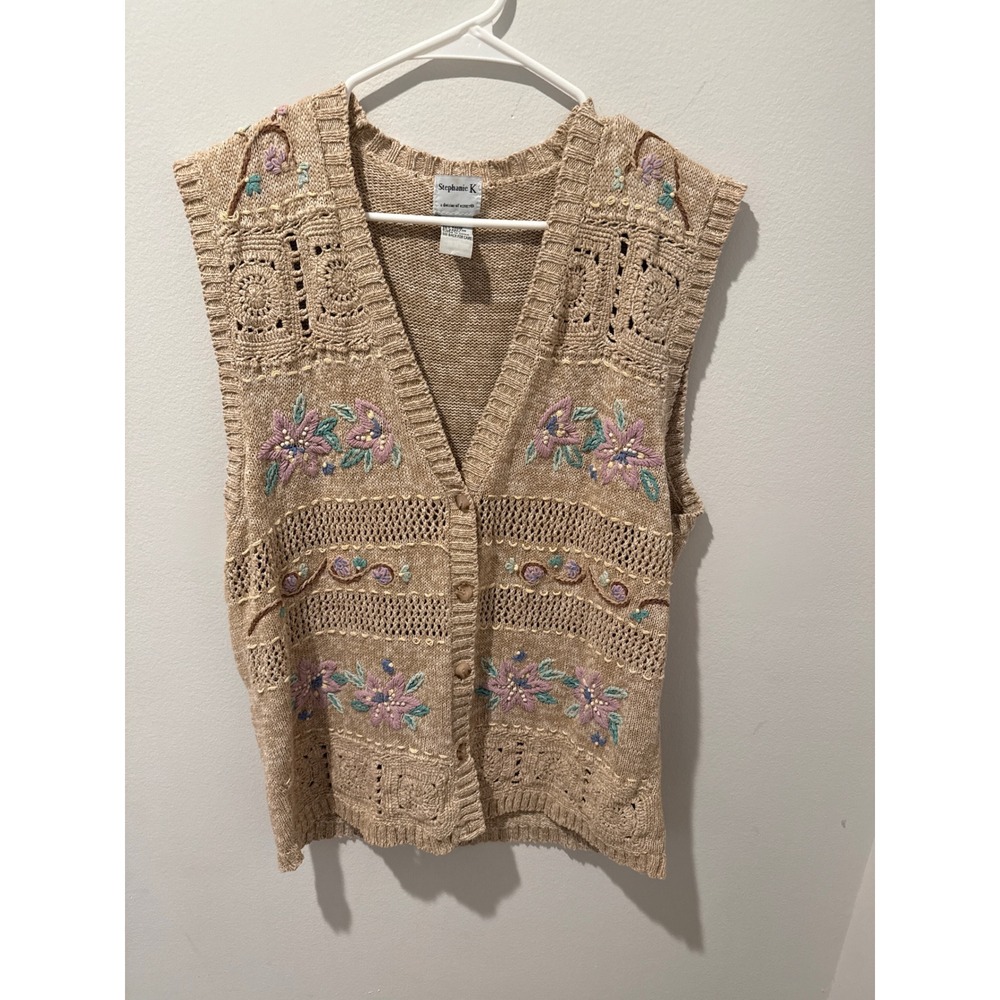 Stephanie K Koret Vintage Floral Embroidered Knit Cottagecore Sweater Vest